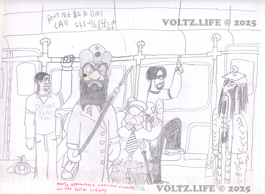 Morty approaches a suspicious subway rider.